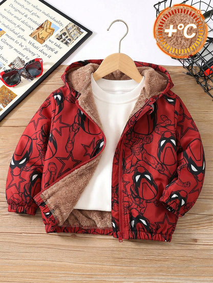 Kids 1pc Young Boy Winter Cartoon Print Thermal Lined Hooded Jacket Vacation Cute Street Y2K Birthday Party Back To School Halloween Super Tops