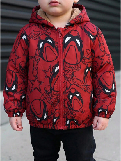 Kids 1pc Young Boy Winter Cartoon Print Thermal Lined Hooded Jacket Vacation Cute Street Y2K Birthday Party Back To School Halloween Super Tops