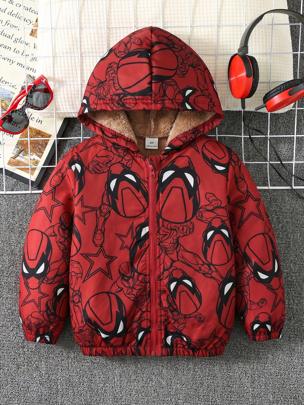 Kids 1pc Young Boy Winter Cartoon Print Thermal Lined Hooded Jacket Vacation Cute Street Y2K Birthday Party Back To School Halloween Super Tops