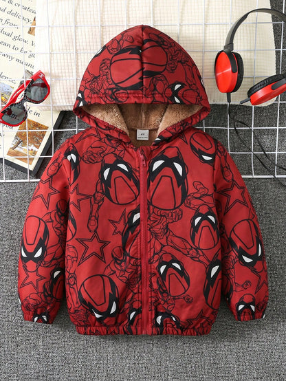 Kids 1pc Young Boy Winter Cartoon Print Thermal Lined Hooded Jacket Vacation Cute Street Y2K Birthday Party Back To School Halloween Super Tops