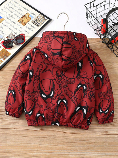 Kids 1pc Young Boy Winter Cartoon Print Thermal Lined Hooded Jacket Vacation Cute Street Y2K Birthday Party Back To School Halloween Super Tops