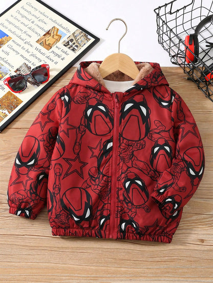 Kids 1pc Young Boy Winter Cartoon Print Thermal Lined Hooded Jacket Vacation Cute Street Y2K Birthday Party Back To School Halloween Super Tops