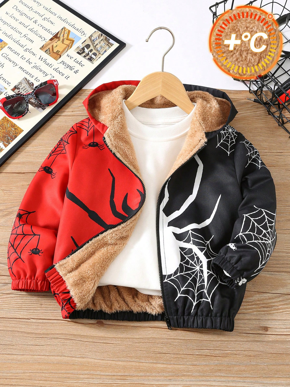 Kids 1pc Young Boy Winter Cartoon Print Thermal Lined Hooded Jacket Vacation Cute Street Y2K Birthday Party Back To School Halloween Super Tops