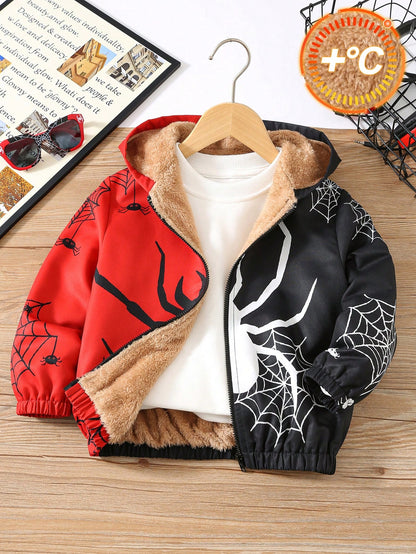 Kids 1pc Young Boy Winter Cartoon Print Thermal Lined Hooded Jacket Vacation Cute Street Y2K Birthday Party Back To School Halloween Super Tops