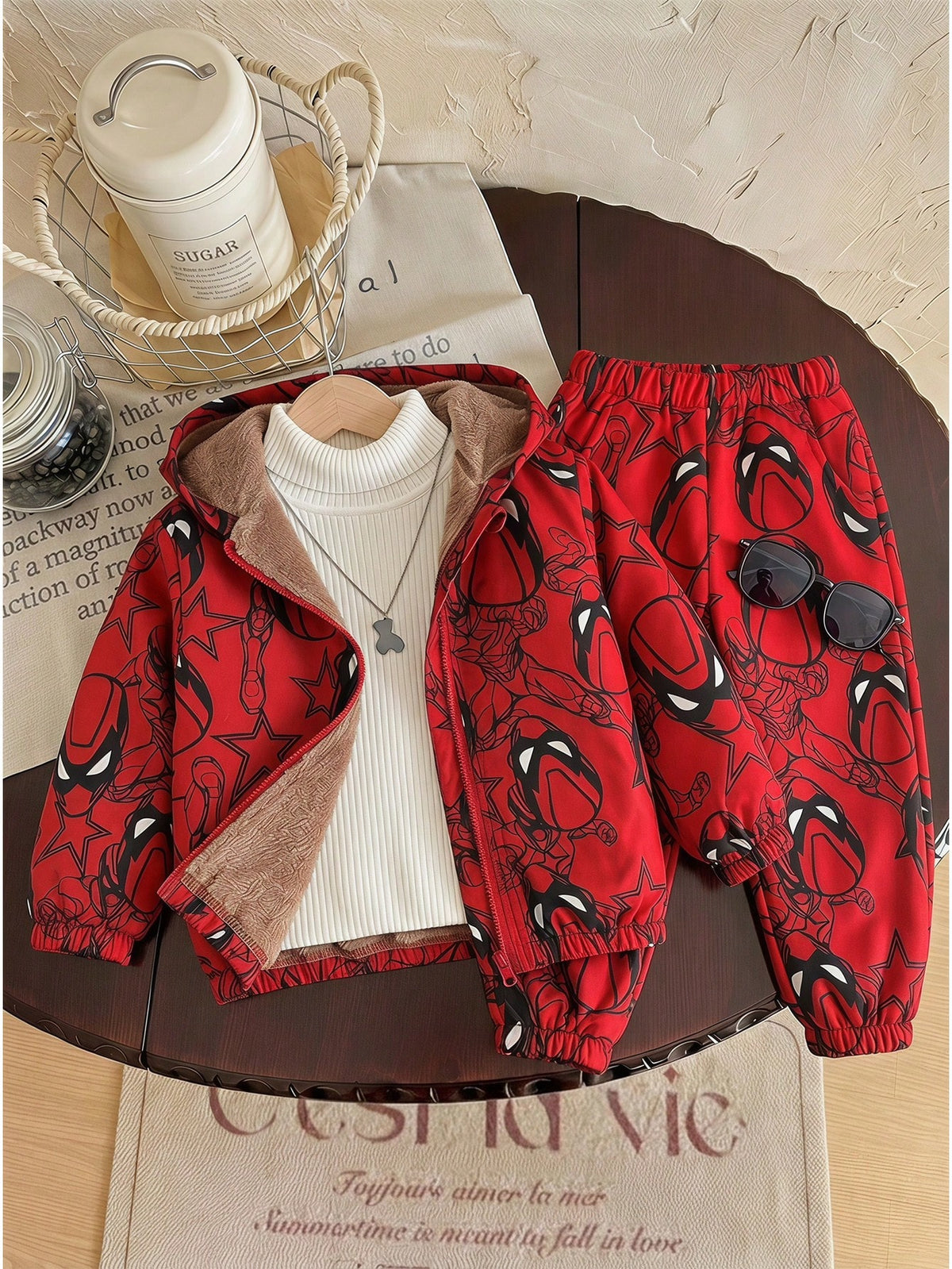 Kids 1pc Young Boy Winter Cartoon Print Thermal Lined Hooded Jacket Vacation Cute Street Y2K Birthday Party Back To School Halloween Super Tops