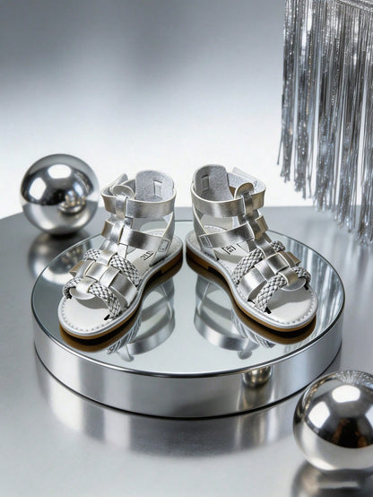 Kids Girls Silver Braided Roman Sandals, Open-Toe Gladiator Style Sandals With Adjustable Back Strap, Comfort Flat Sole Summer Shoes For Toddler, School, Party & Daily Wear