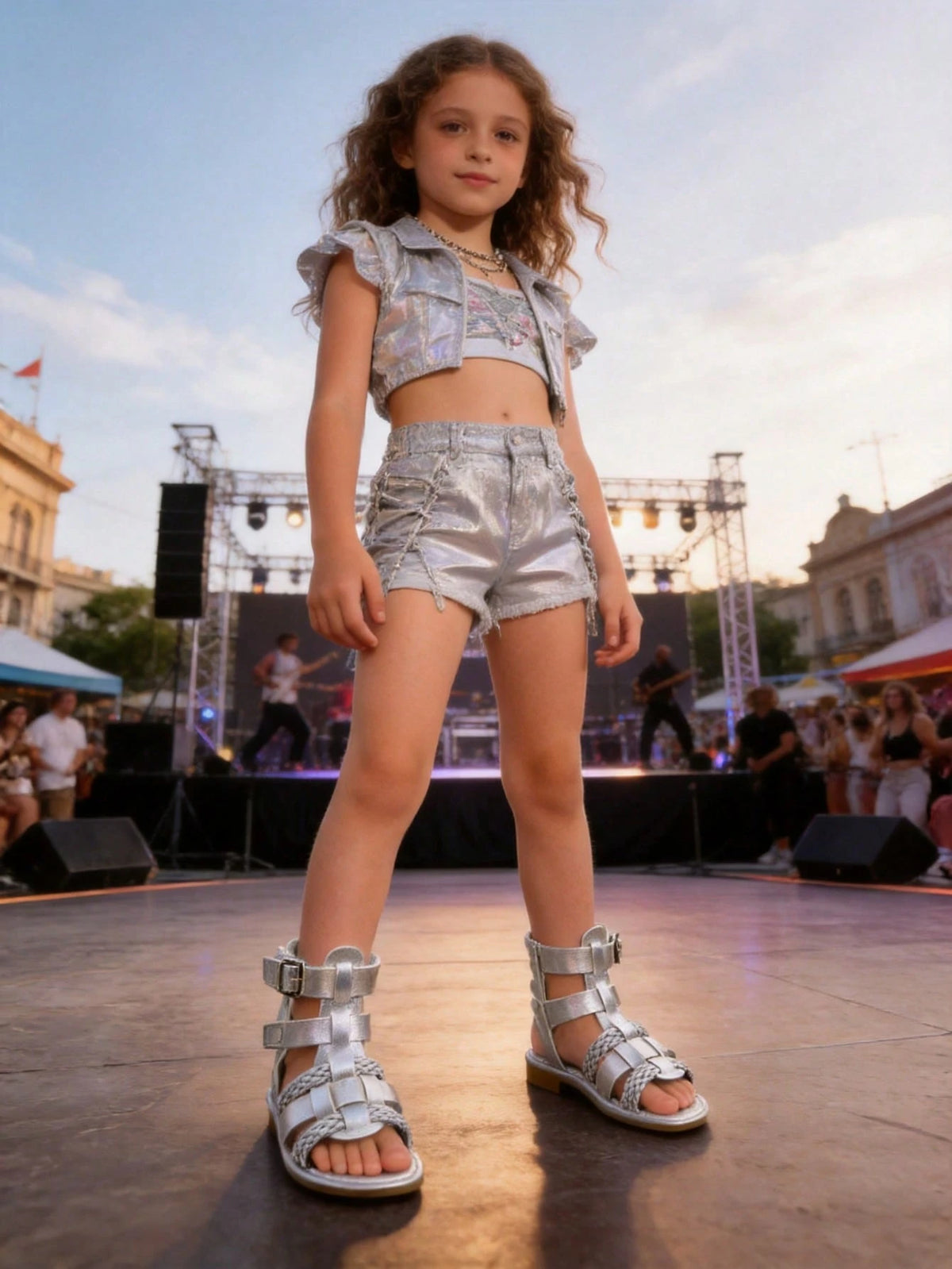 Kids Girls Silver Braided Roman Sandals, Open-Toe Gladiator Style Sandals With Adjustable Back Strap, Comfort Flat Sole Summer Shoes For Toddler, School, Party & Daily Wear
