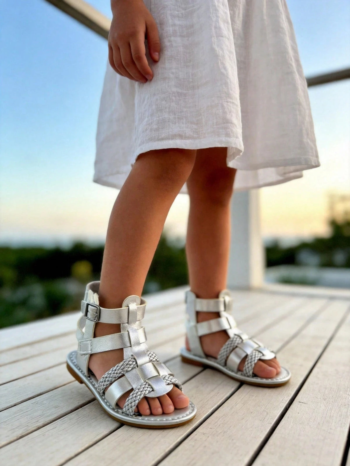 Kids Girls Silver Braided Roman Sandals, Open-Toe Gladiator Style Sandals With Adjustable Back Strap, Comfort Flat Sole Summer Shoes For Toddler, School, Party & Daily Wear