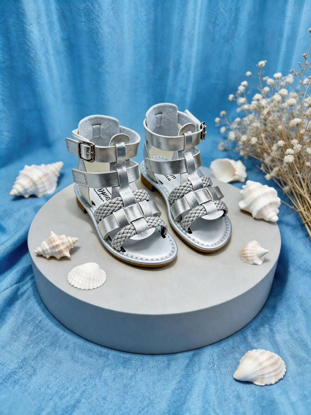 Kids Girls Silver Braided Roman Sandals, Open-Toe Gladiator Style Sandals With Adjustable Back Strap, Comfort Flat Sole Summer Shoes For Toddler, School, Party & Daily Wear