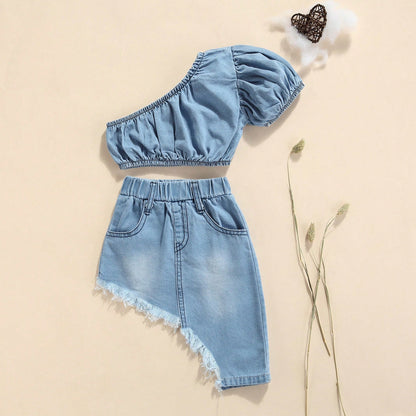 Kids Little Girl Denim Clothes Set 12 18 24 Months 2T 3T 4T 5T Solid Color Short Sleeve Off-Shoulder Cropped Tops + Irregular Hem Skirt Set
