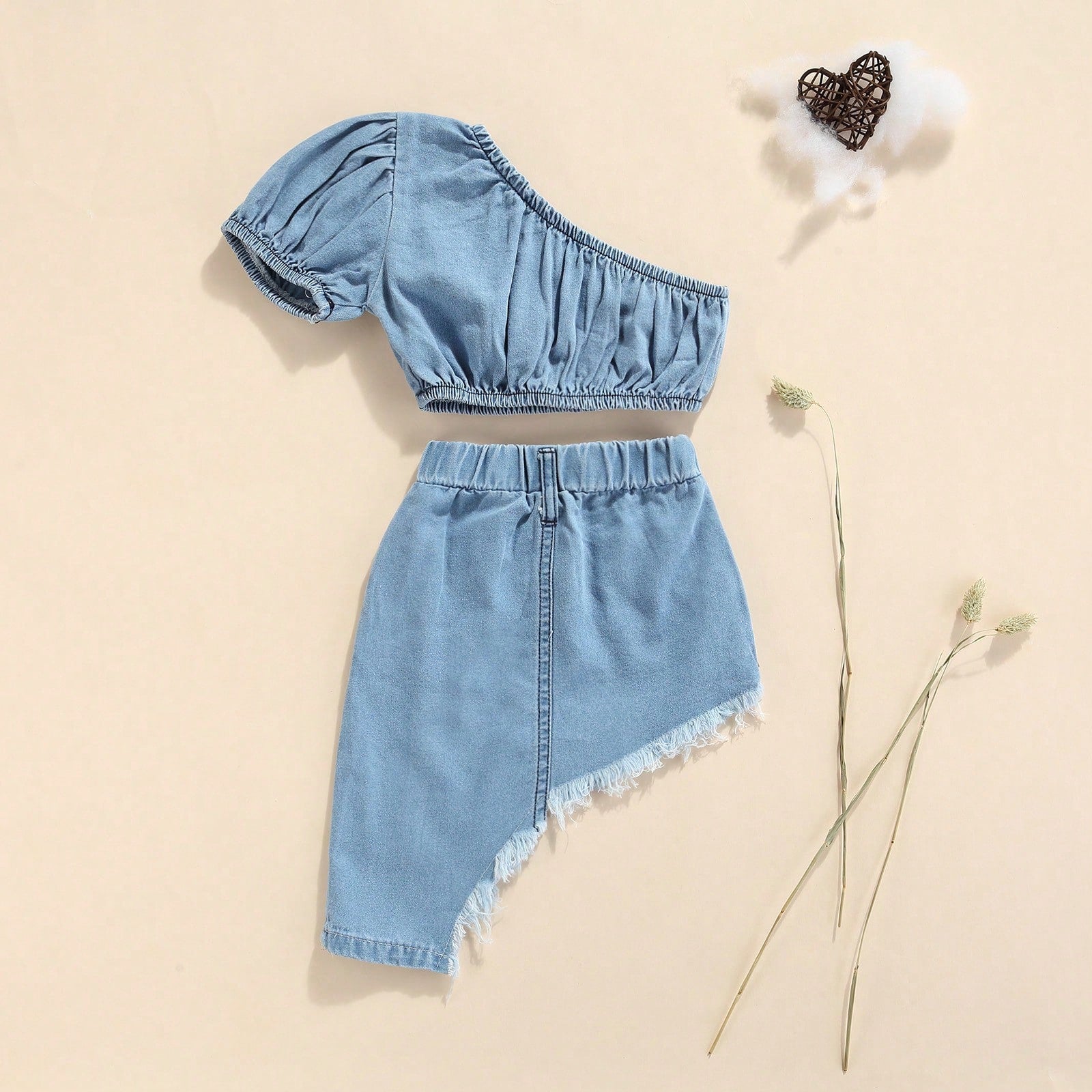 Kids Little Girl Denim Clothes Set 12 18 24 Months 2T 3T 4T 5T Solid Color Short Sleeve Off-Shoulder Cropped Tops + Irregular Hem Skirt Set