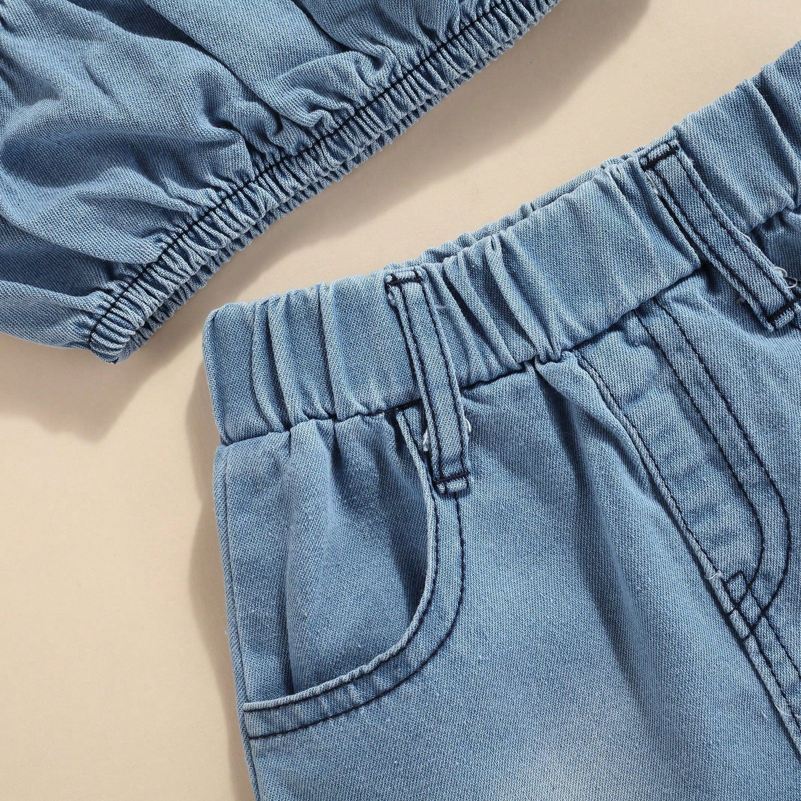 Kids Little Girl Denim Clothes Set 12 18 24 Months 2T 3T 4T 5T Solid Color Short Sleeve Off-Shoulder Cropped Tops + Irregular Hem Skirt Set