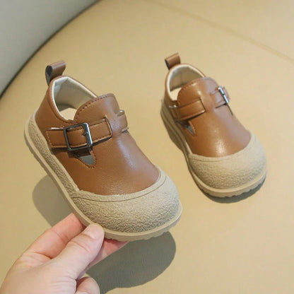 Kids' Vintage Leather Shoes, Unisex Baby Double Buckle Soft Sole Slip-On Shoes, Toddler Colorblock Closed Toe Casual Shoes, Double Metal Buckle Hook And Loop Soft Leather Walking Shoes, Versatile Kind