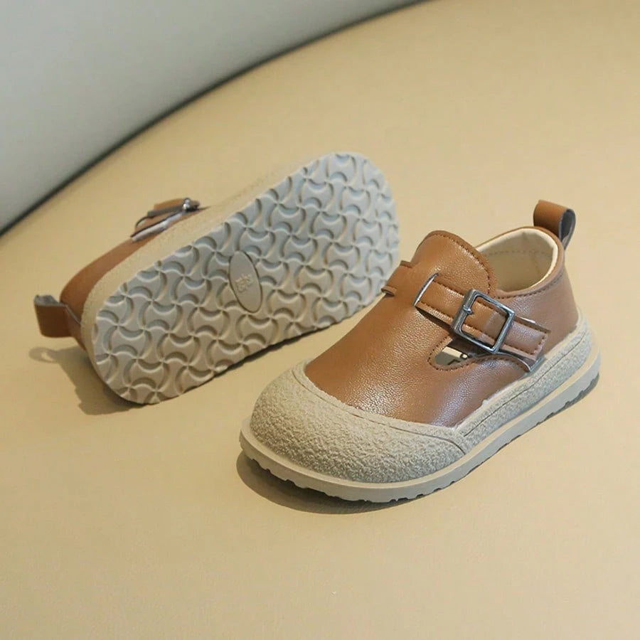 Kids' Vintage Leather Shoes, Unisex Baby Double Buckle Soft Sole Slip-On Shoes, Toddler Colorblock Closed Toe Casual Shoes, Double Metal Buckle Hook And Loop Soft Leather Walking Shoes, Versatile Kind