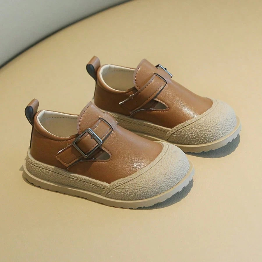 Kids' Vintage Leather Shoes, Unisex Baby Double Buckle Soft Sole Slip-On Shoes, Toddler Colorblock Closed Toe Casual Shoes, Double Metal Buckle Hook And Loop Soft Leather Walking Shoes, Versatile Kind