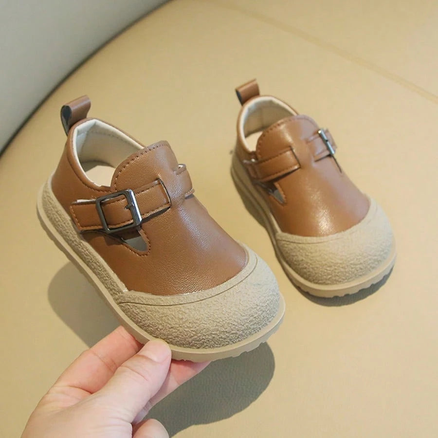 Kids' Vintage Leather Shoes, Unisex Baby Double Buckle Soft Sole Slip-On Shoes, Toddler Colorblock Closed Toe Casual Shoes, Double Metal Buckle Hook And Loop Soft Leather Walking Shoes, Versatile Kind