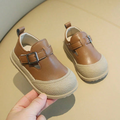Kids' Vintage Leather Shoes, Unisex Baby Double Buckle Soft Sole Slip-On Shoes, Toddler Colorblock Closed Toe Casual Shoes, Double Metal Buckle Hook And Loop Soft Leather Walking Shoes, Versatile Kind