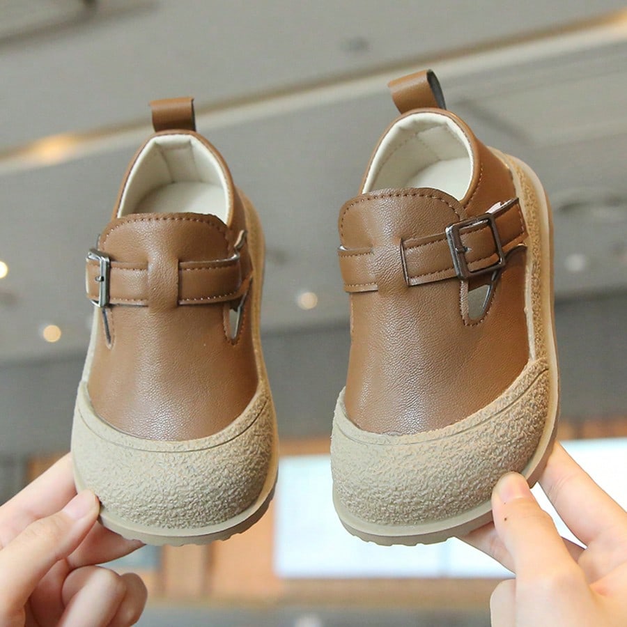 Kids' Vintage Leather Shoes, Unisex Baby Double Buckle Soft Sole Slip-On Shoes, Toddler Colorblock Closed Toe Casual Shoes, Double Metal Buckle Hook And Loop Soft Leather Walking Shoes, Versatile Kind