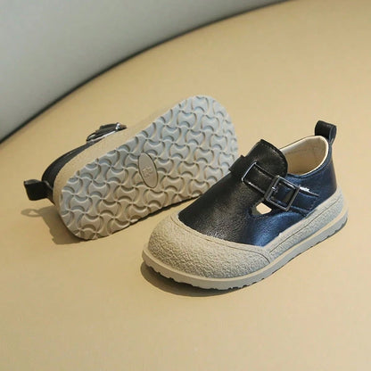 Kids' Vintage Leather Shoes, Unisex Baby Double Buckle Soft Sole Slip-On Shoes, Toddler Colorblock Closed Toe Casual Shoes, Double Metal Buckle Hook And Loop Soft Leather Walking Shoes, Versatile Kind