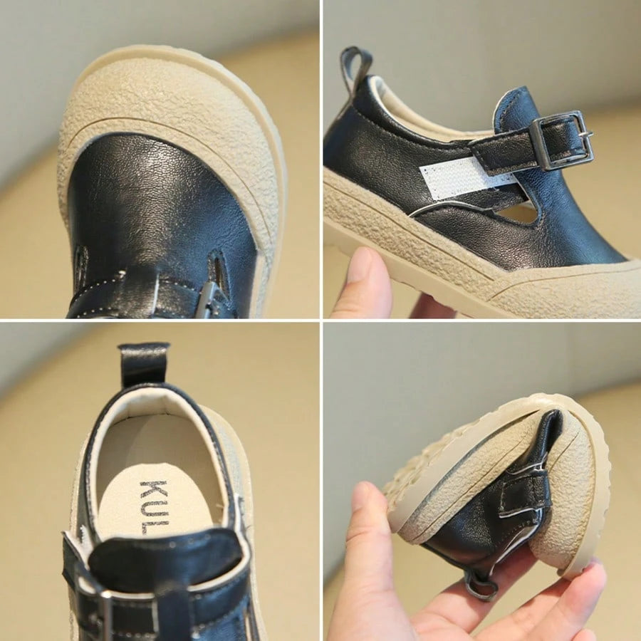 Kids' Vintage Leather Shoes, Unisex Baby Double Buckle Soft Sole Slip-On Shoes, Toddler Colorblock Closed Toe Casual Shoes, Double Metal Buckle Hook And Loop Soft Leather Walking Shoes, Versatile Kind