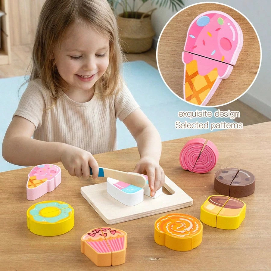 Kids Wooden Realistic Fruit Vegetable Dessert Cutting Play Set- Lifelike Educational Kitchen Accessories- Develop Hands-On Skills Learning Gift For Boys And Girls