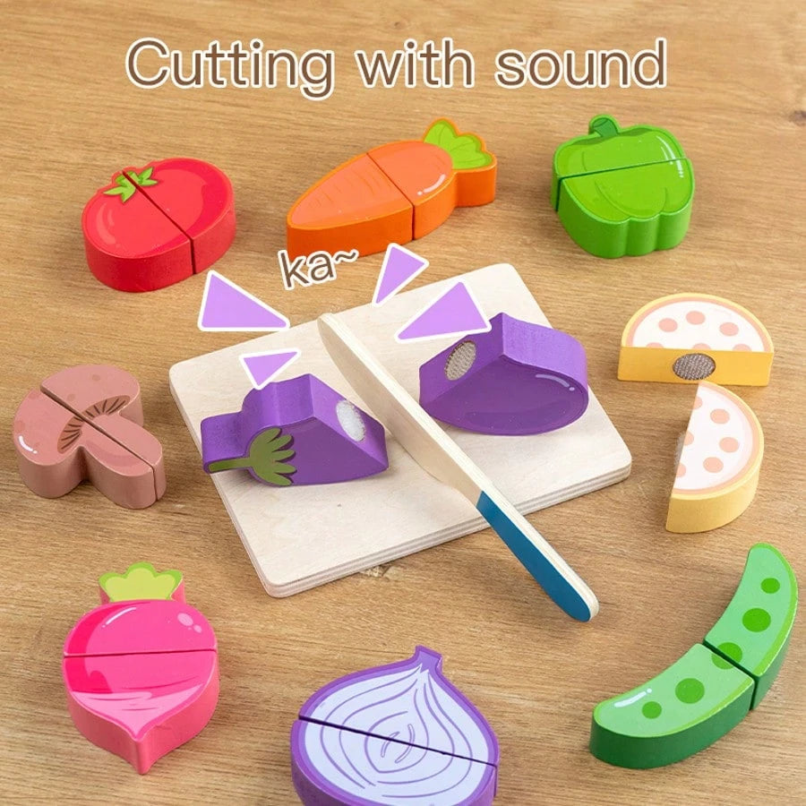 Kids Wooden Realistic Fruit Vegetable Dessert Cutting Play Set- Lifelike Educational Kitchen Accessories- Develop Hands-On Skills Learning Gift For Boys And Girls