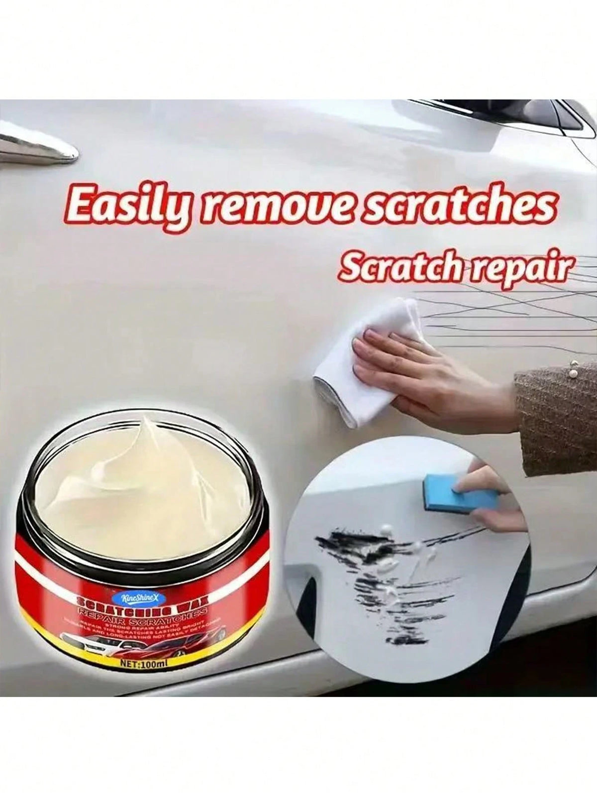 KineShineX Car Scratch Repair Paste, Car Wheel Rim Refurbishment Paste, Wear Mark Repair Paste, Plastic Trim Scratch Repair Polishing Paste, Car Accessories; Includes Car Cleaning Sponge