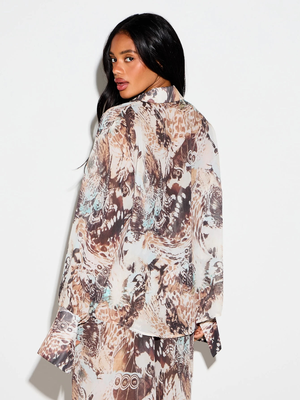 KIZN Mixed Animal Print Sheer Chiffon Button-Up Cover-Up Shirt With Long Bell Sleeves And Collared Neckline