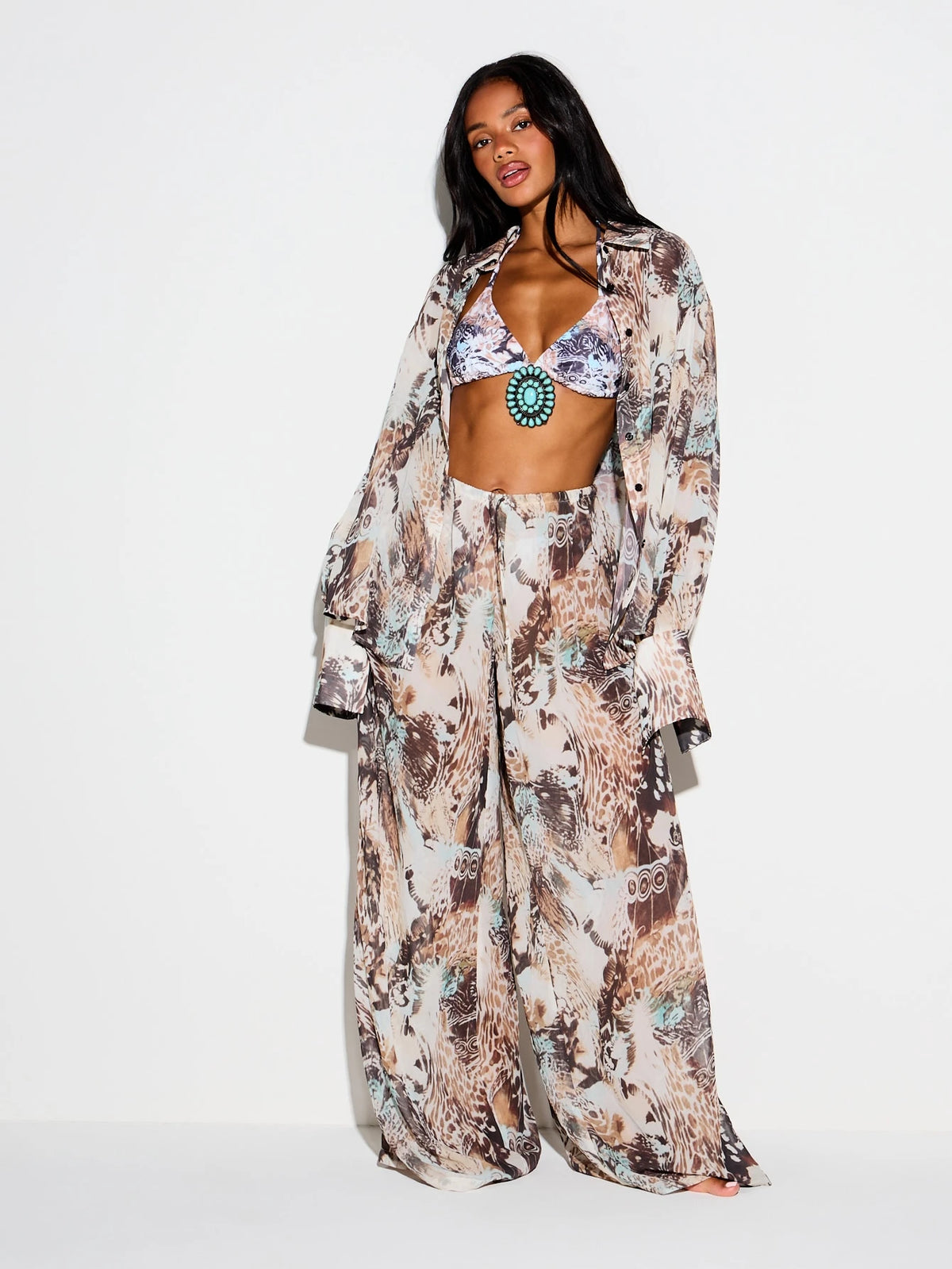 KIZN Mixed Animal Print Sheer Chiffon Button-Up Cover-Up Shirt With Long Bell Sleeves And Collared Neckline