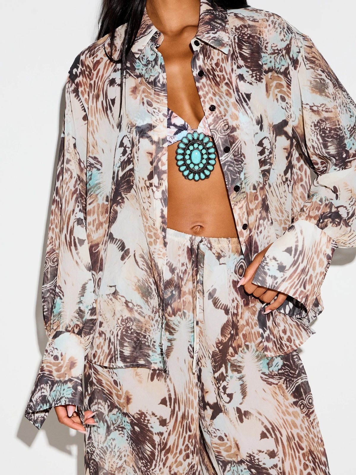 KIZN Mixed Animal Print Sheer Chiffon Button-Up Cover-Up Shirt With Long Bell Sleeves And Collared Neckline