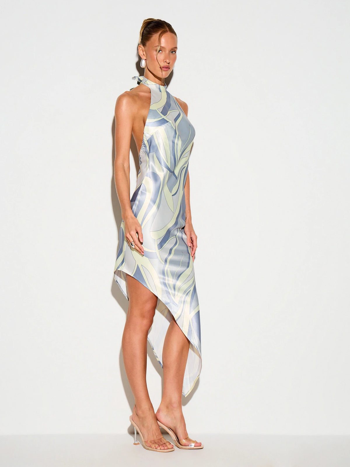 KIZN Swirl Print High Neck Asymmetrical Midi Dress With Halter Top Design And Flowing Silhouette For Party Special Occasions