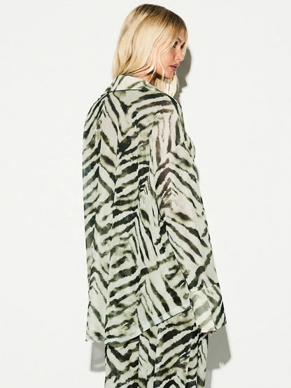 KIZN Zebra Print Mesh Beach Shirt With Long Sleeves Button-Down Sheer Oversized Summer Cover-Up Top