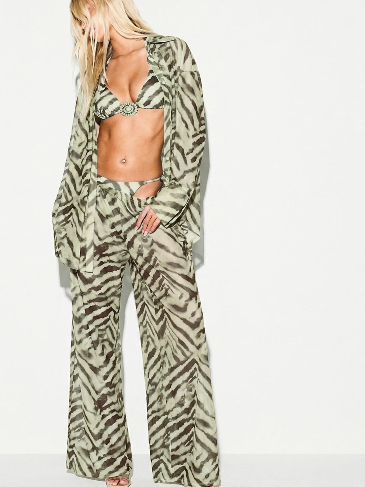 KIZN Zebra Print Mesh Beach Shirt With Long Sleeves Button-Down Sheer Oversized Summer Cover-Up Top