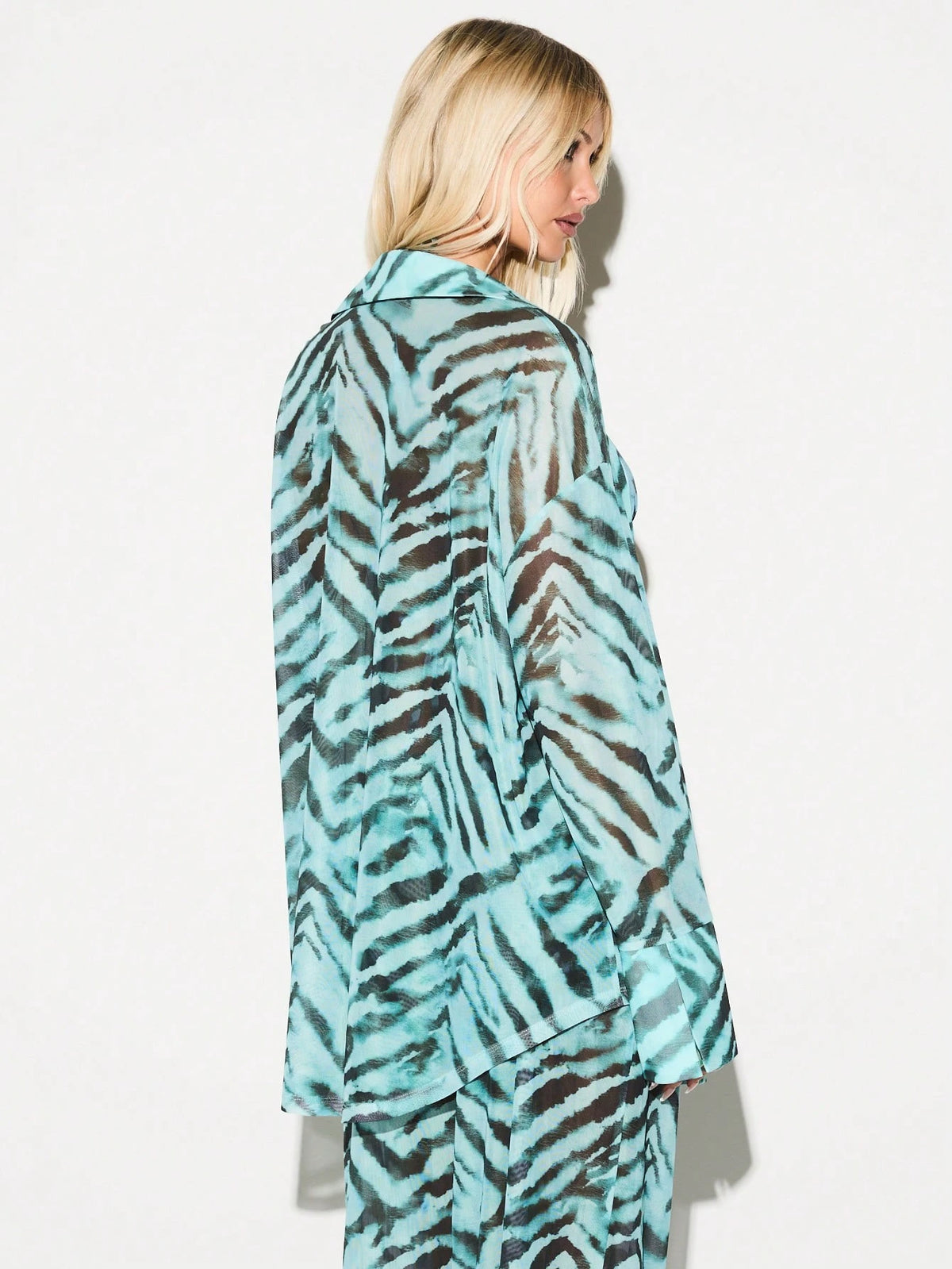 KIZN Zebra Print Mesh Beach Shirt With Long Sleeves Button-Down Sheer Oversized Summer Cover-Up Top