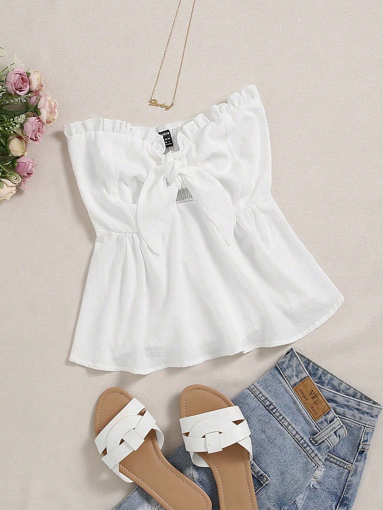 Knot Bust Frill Trim Shirred Back Tube Top