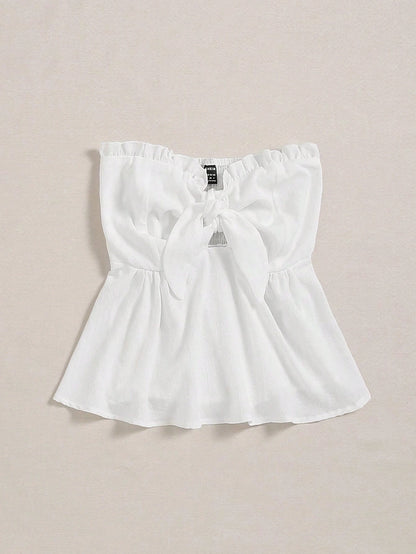 Knot Bust Frill Trim Shirred Back Tube Top