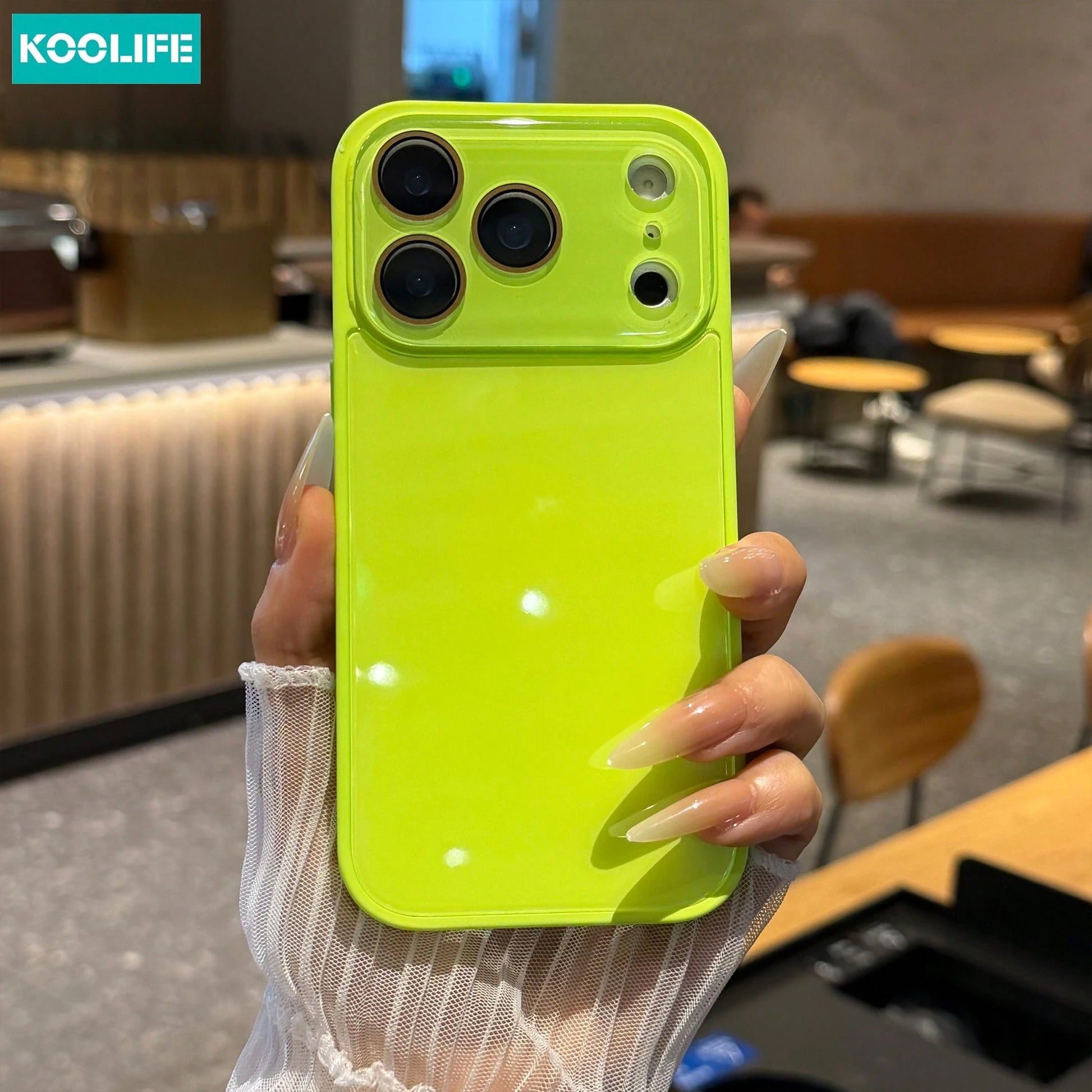 Koolife 1pc Fluorescent Green Glossy Glass Phone Case Luxury Anti-Drop Hard Protective Shell Full Camera Protection For Phone18pro/18pro Max/17/17pro/17promax/16/15/14/13/12/11