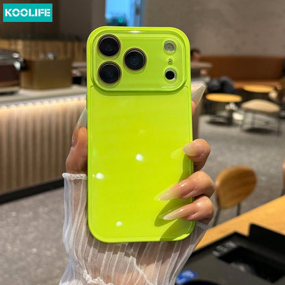 Koolife 1pc Fluorescent Green Glossy Glass Phone Case Luxury Anti-Drop Hard Protective Shell Full Camera Protection For Phone18pro/18pro Max/17/17pro/17promax/16/15/14/13/12/11