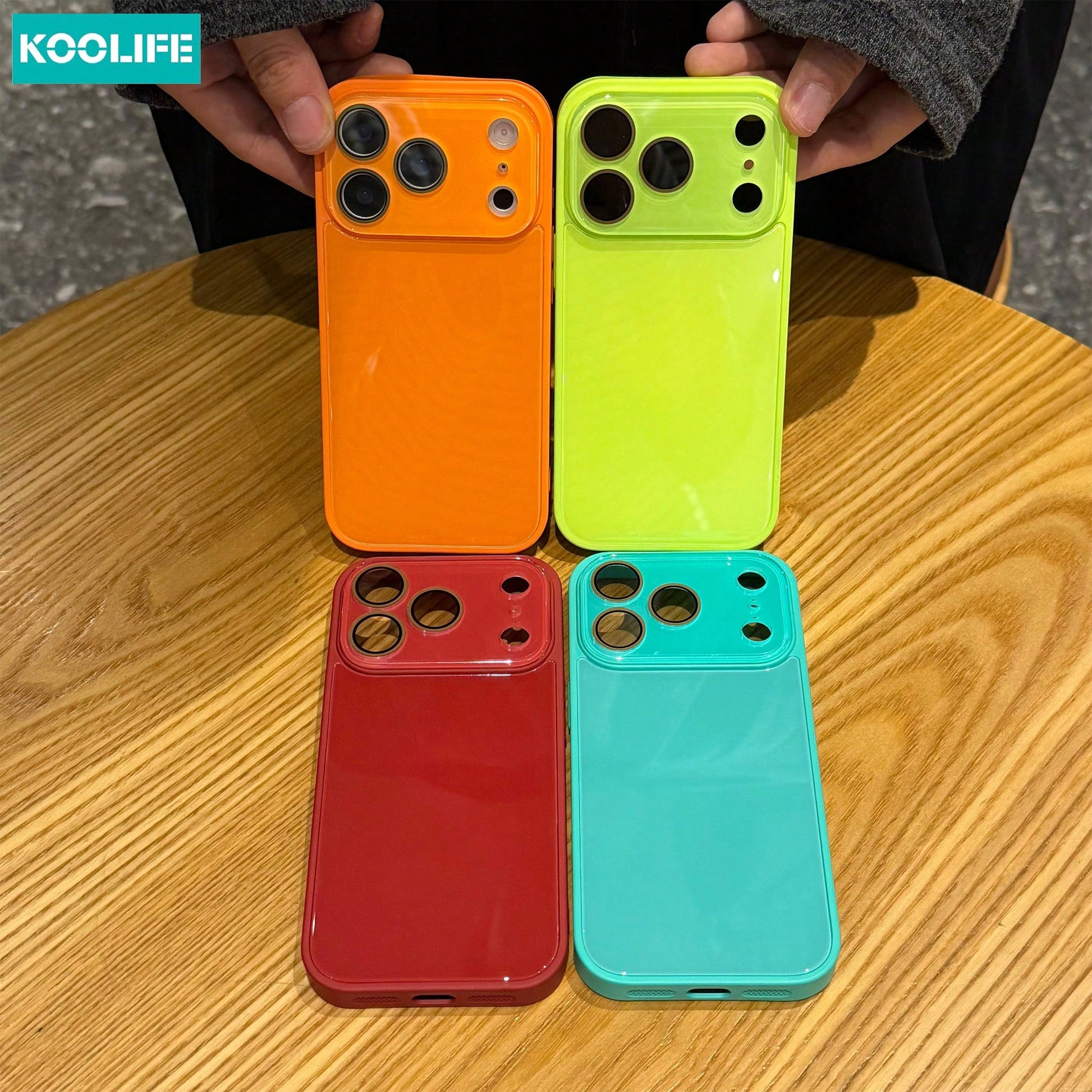 Koolife 1pc Fluorescent Green Glossy Glass Phone Case Luxury Anti-Drop Hard Protective Shell Full Camera Protection For Phone18pro/18pro Max/17/17pro/17promax/16/15/14/13/12/11