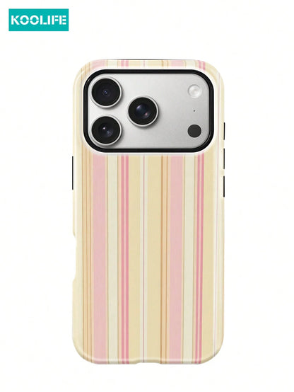 Koolife 1pc Pink And Yellow Striped Phone Case, 2-In-1 Phone Case, PC+TPU Material, Glossy Hard Shell, Soft Multi-Striped Anti-Scratch Anti-Drop Outer Shell, Compatible With Apple 17/17pro/17promax/17