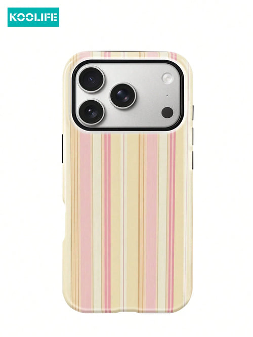 Koolife 1pc Pink And Yellow Striped Phone Case, 2-In-1 Phone Case, PC+TPU Material, Glossy Hard Shell, Soft Multi-Striped Anti-Scratch Anti-Drop Outer Shell, Compatible With Apple 17/17pro/17promax/17