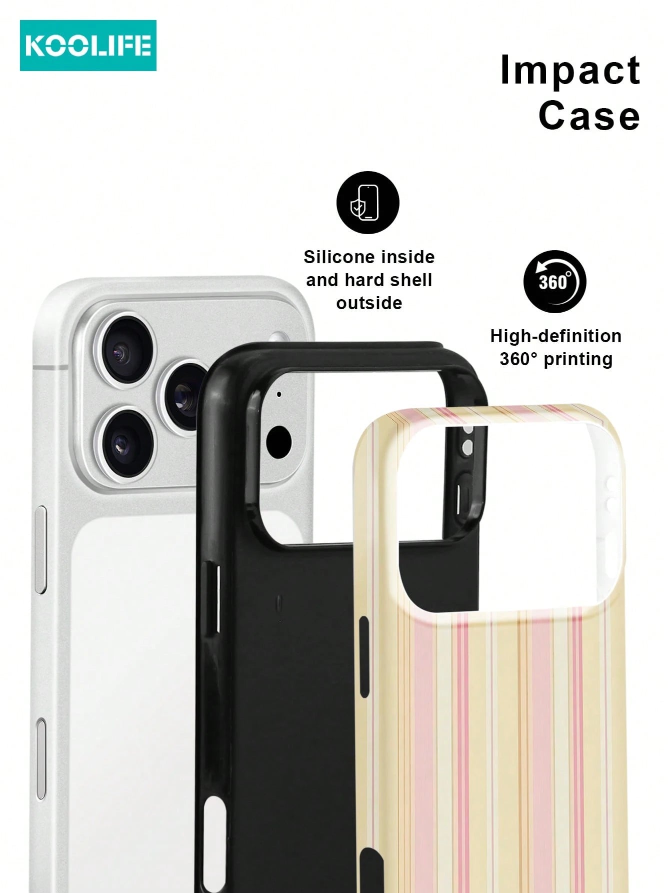Koolife 1pc Pink And Yellow Striped Phone Case, 2-In-1 Phone Case, PC+TPU Material, Glossy Hard Shell, Soft Multi-Striped Anti-Scratch Anti-Drop Outer Shell, Compatible With Apple 17/17pro/17promax/17