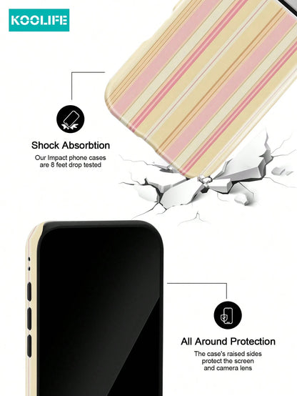 Koolife 1pc Pink And Yellow Striped Phone Case, 2-In-1 Phone Case, PC+TPU Material, Glossy Hard Shell, Soft Multi-Striped Anti-Scratch Anti-Drop Outer Shell, Compatible With Apple 17/17pro/17promax/17