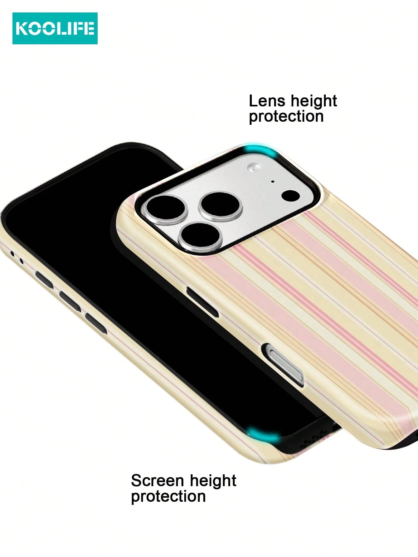 Koolife 1pc Pink And Yellow Striped Phone Case, 2-In-1 Phone Case, PC+TPU Material, Glossy Hard Shell, Soft Multi-Striped Anti-Scratch Anti-Drop Outer Shell, Compatible With Apple 17/17pro/17promax/17