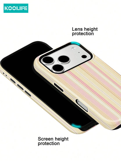 Koolife 1pc Pink And Yellow Striped Phone Case, 2-In-1 Phone Case, PC+TPU Material, Glossy Hard Shell, Soft Multi-Striped Anti-Scratch Anti-Drop Outer Shell, Compatible With Apple 17/17pro/17promax/17