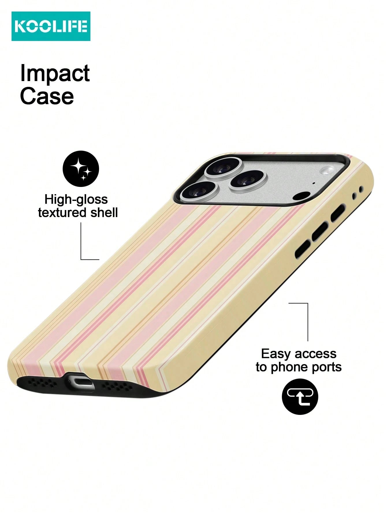 Koolife 1pc Pink And Yellow Striped Phone Case, 2-In-1 Phone Case, PC+TPU Material, Glossy Hard Shell, Soft Multi-Striped Anti-Scratch Anti-Drop Outer Shell, Compatible With Apple 17/17pro/17promax/17