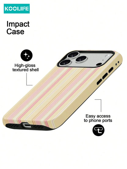 Koolife 1pc Pink And Yellow Striped Phone Case, 2-In-1 Phone Case, PC+TPU Material, Glossy Hard Shell, Soft Multi-Striped Anti-Scratch Anti-Drop Outer Shell, Compatible With Apple 17/17pro/17promax/17