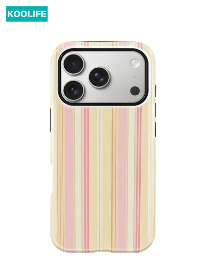Koolife 1pc Pink And Yellow Striped Phone Case, 2-In-1 Phone Case, PC+TPU Material, Glossy Hard Shell, Soft Multi-Striped Anti-Scratch Anti-Drop Outer Shell, Compatible With Apple 17/17pro/17promax/17