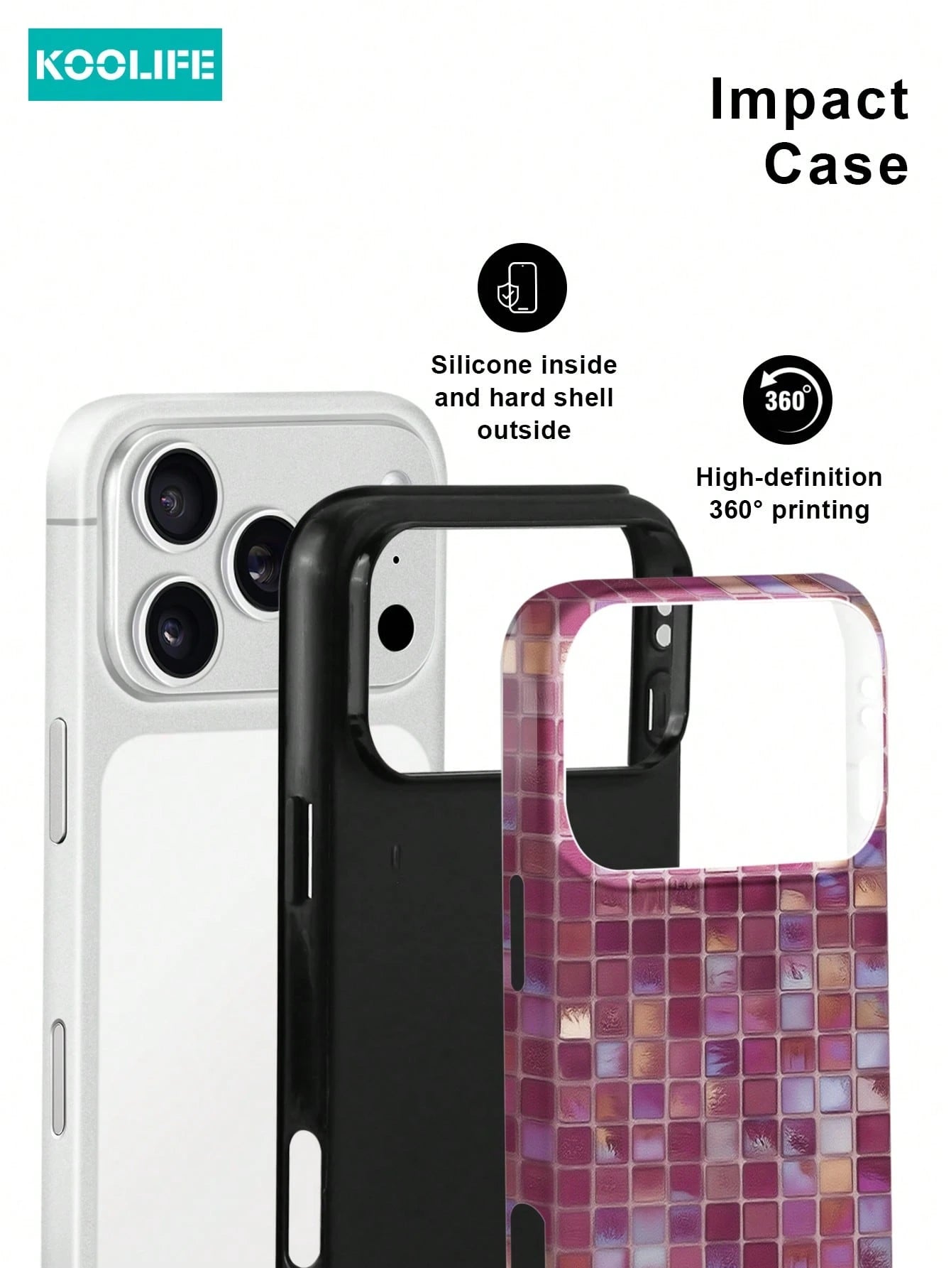 Koolife 1pc Purple Colorful Mosaic Grid Phone Case, 2-In-1 Phone Case, PC+TPU Material, Glossy Hard Shell, Shiny Tile Pattern Scratch-Resistant Anti-Drop Protective Cover, For Phone18pro/18pro Max/17