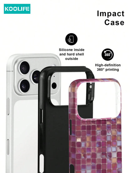 Koolife 1pc Purple Colorful Mosaic Grid Phone Case, 2-In-1 Phone Case, PC+TPU Material, Glossy Hard Shell, Shiny Tile Pattern Scratch-Resistant Anti-Drop Protective Cover, For Phone18pro/18pro Max/17